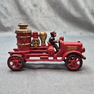Vintage Cast Iron Red Fire Engine Pumper Toy Truck 8" x 5" x 2.25"